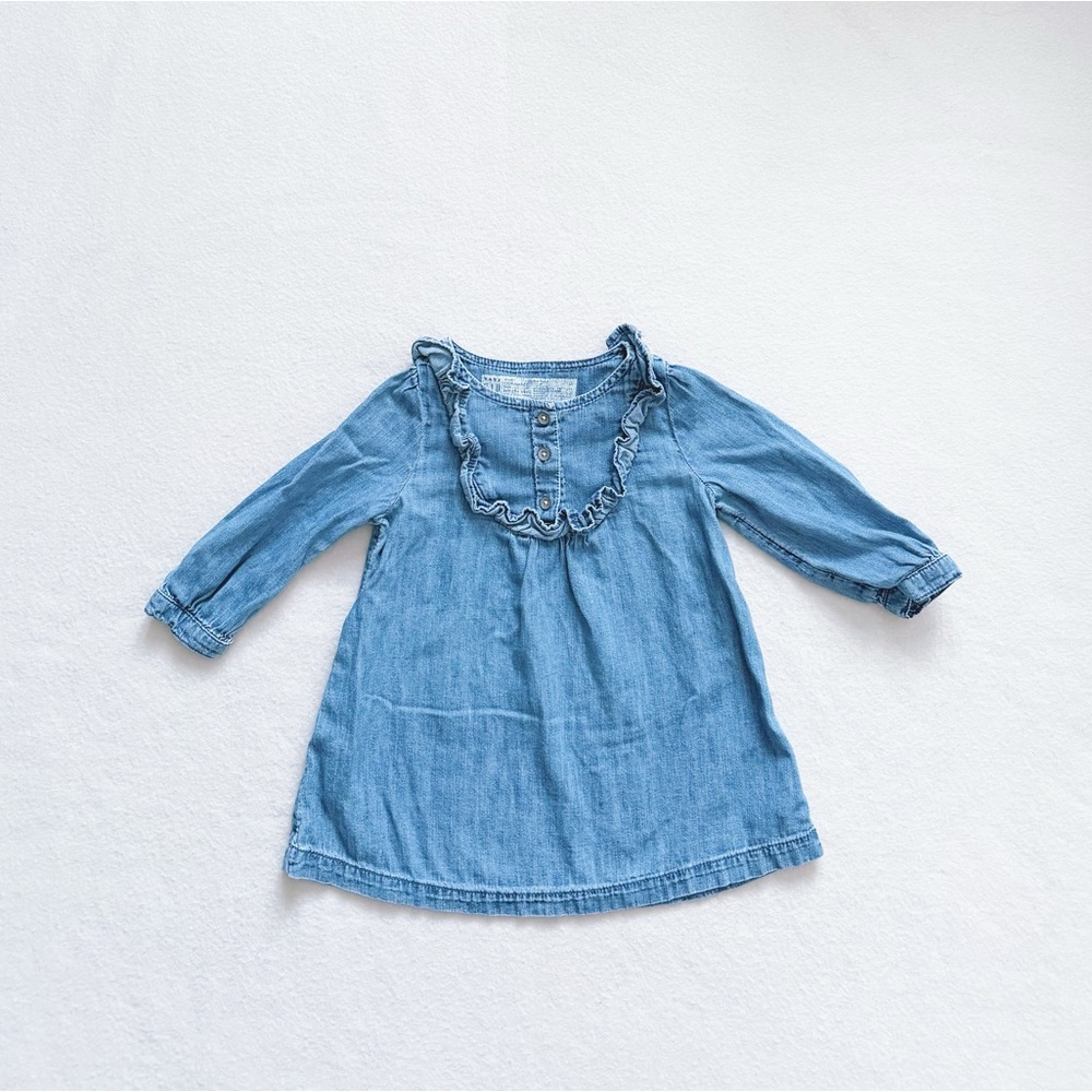Baby Gap Girl Blue Chambray Denim Ruffle Long Sleeve Dress Tunic Top 12–18M